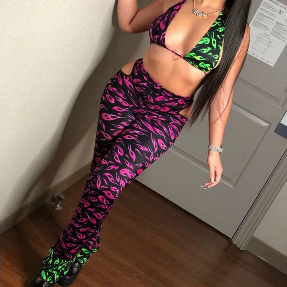 Two piece custom set pink and green flame twopeice